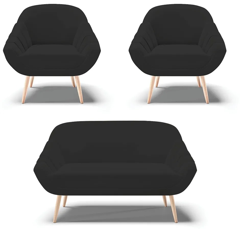 Kit 01 Namoradeira 02 Lugares e 02 Poltronas Giovana Veludo Pés Palito Natural - D'Rossi - Preto