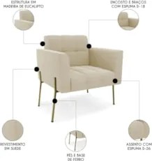 Poltrona Para Sala Pé Metal Dourado Kit 2 Ana Suede Bege - Ibiza