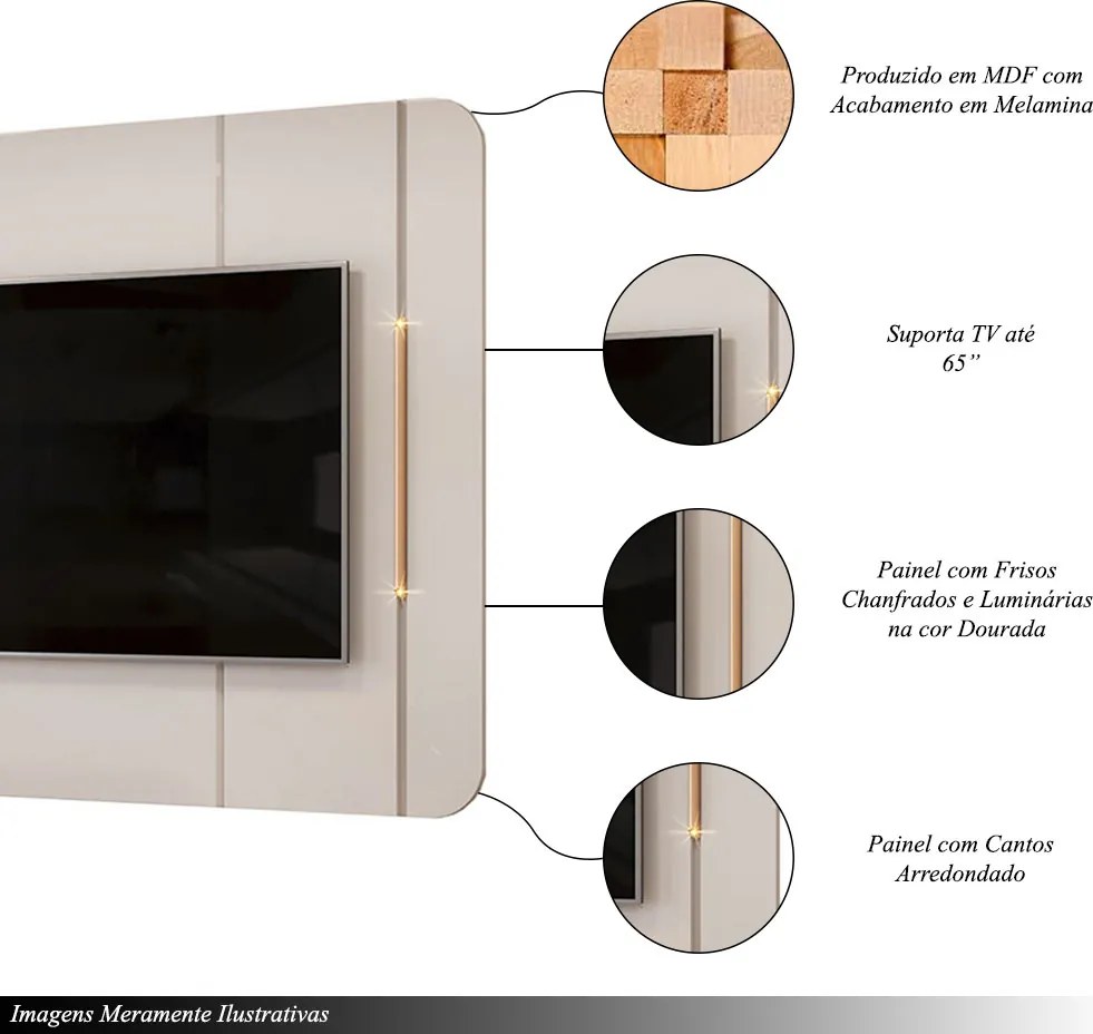 Painel Decorativo Deep TV até 65" Luminárias Douradas OffWhite G18 - Gran Belo