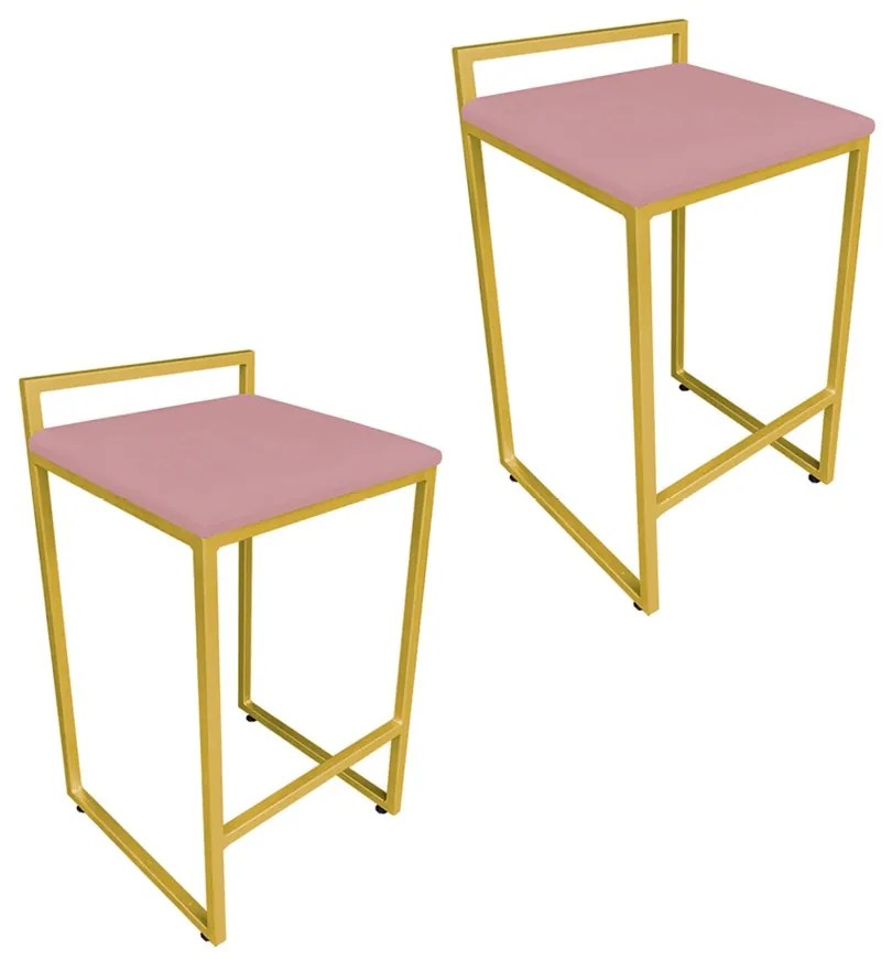 Conjunto 02 Banqueta Alta Industrial Pietra Suede Rose Base Dourado D'Rossi