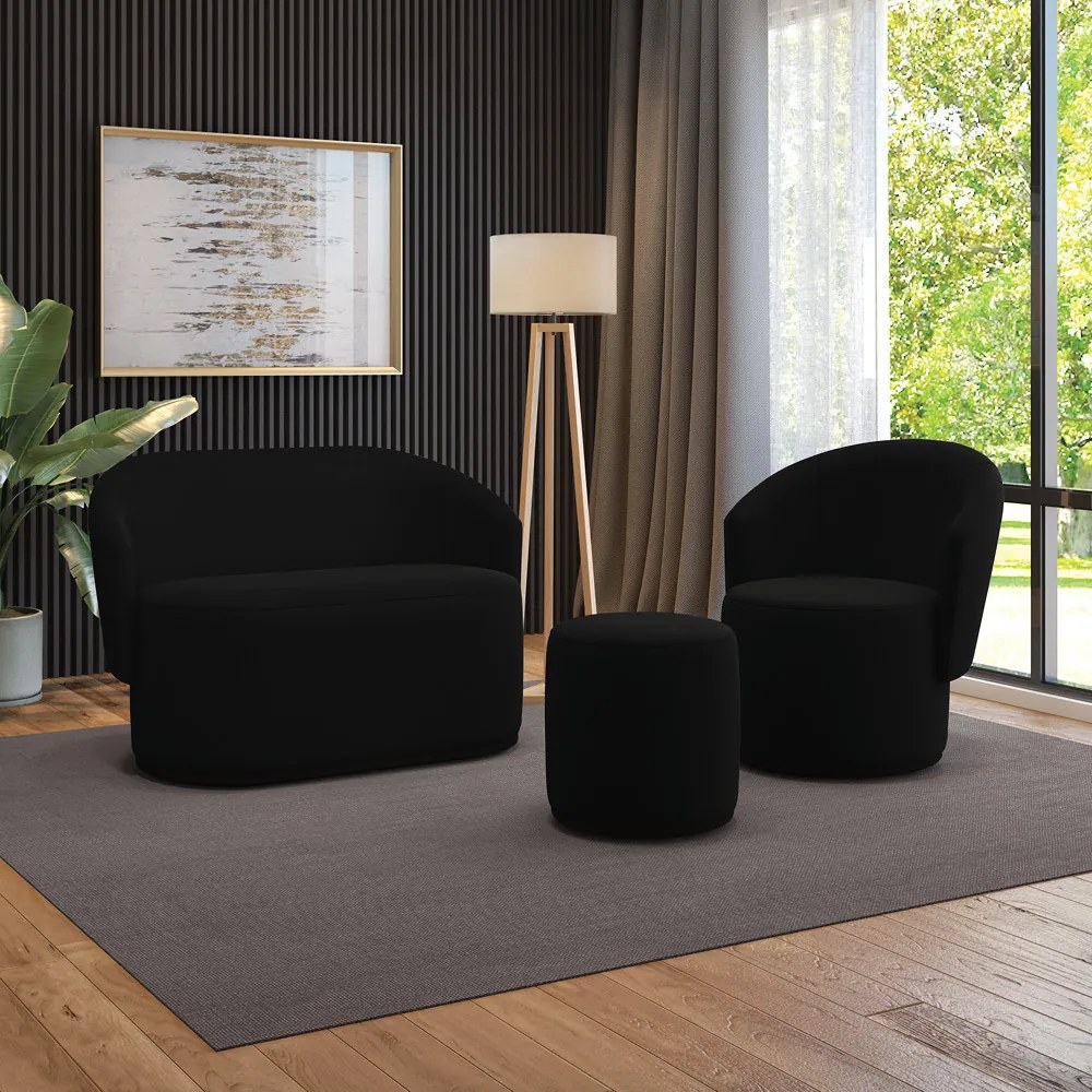 Sofá Namoradeira com Poltrona e Puff Orgânico Sala Malu Suede M11 - D'Rossi - Preto