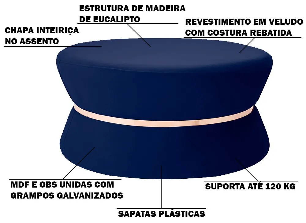 Puff Decorativo Sala de Estar 95cm Dhaka Veludo Azul Bic G15 - Gran Belo