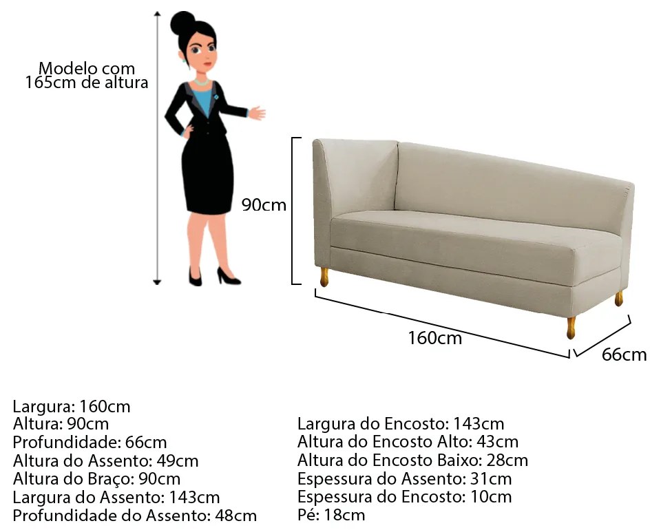 Recamier Valéria 160cm Lado Direito Corano Bege - ADJ Decor