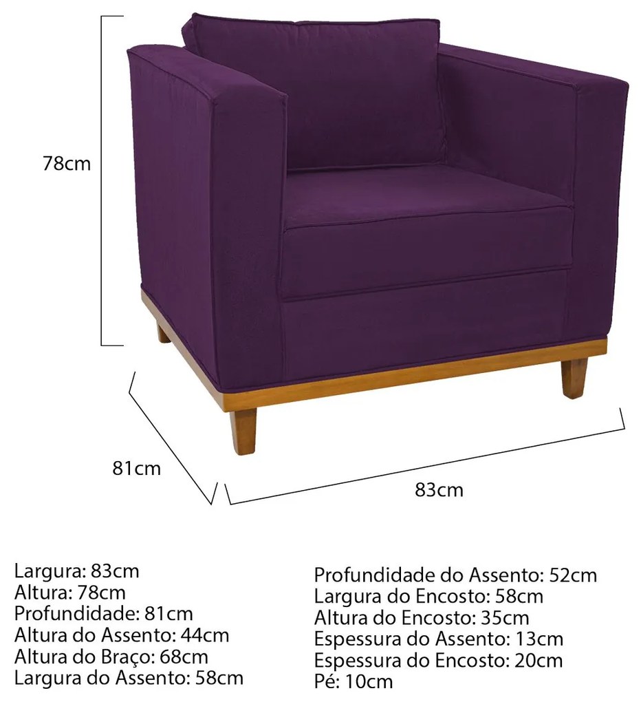 Kit Sofá 2 Lugares e Poltrona Europa Suede Roxo ADJ Decor