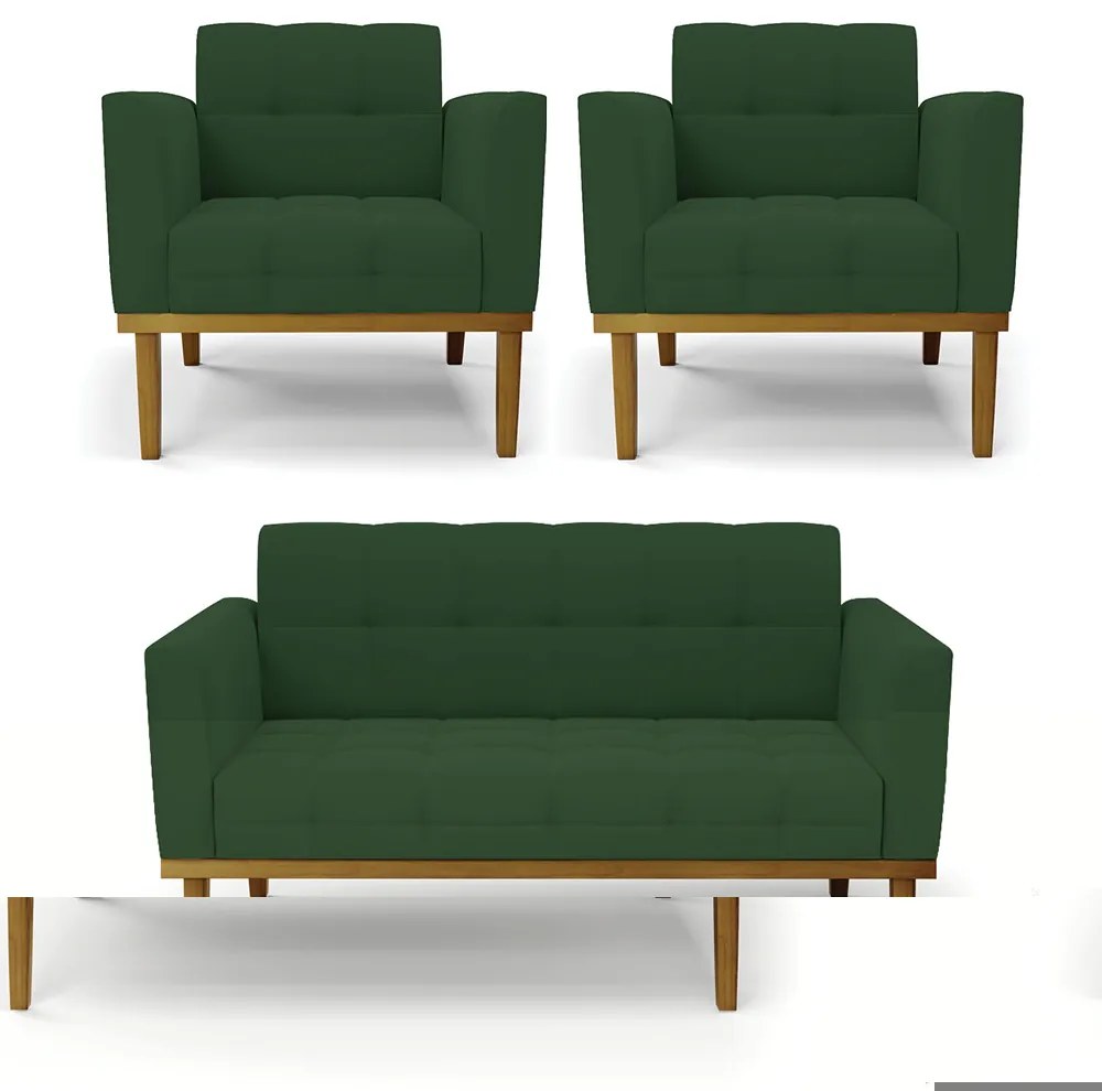 Conjunto 2 Poltronas e 1 Namoradeira Decorativa Karen Pés Fixo em Madeira Castanho Veludo Verde Esmeralda G19 - Gran Belo