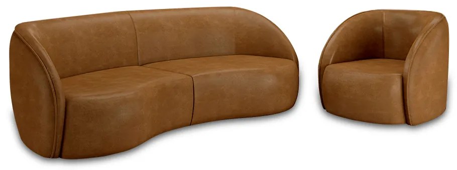 Conjunto Sofá Sala de Estar Bipartido 318cm e Poltrona Clarke PU Caramelo Manchado G45 - Gran Belo