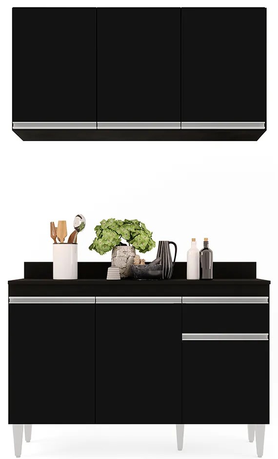 Kit Armário Aéreo e Balcão de Cozinha Lavanderia Lucy com Tampo 120 cm - D'Rossi - Preto