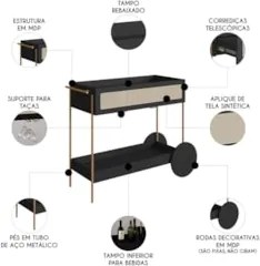 Carrinho Bar 1 Gaveta Porta Taça Pé Metal Arlo A10 Nero/Dourado - Mpoz