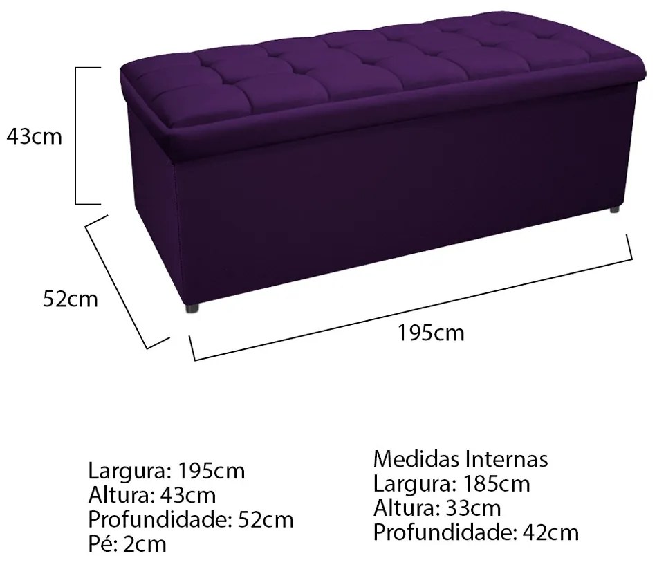 Calçadeira Copenhague 195 cm King Size Suede Roxo - ADJ Decor