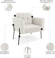 Poltrona Sala Pé Metal Preto Kit 2 Ana Sintético Bege - Ibiza