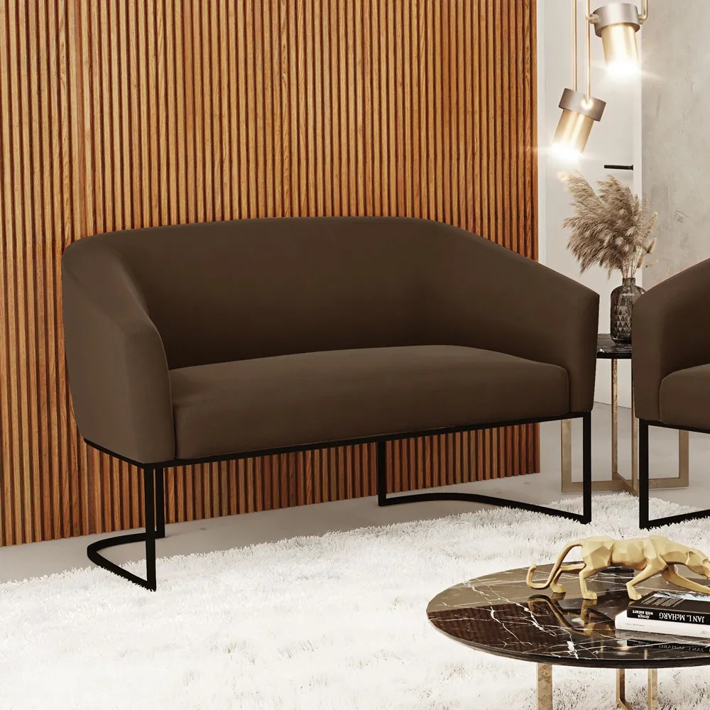 Sofá 2 Lugares Namoradeira Industrial Preto Stella Suede Marrom D03 - D'Rossi