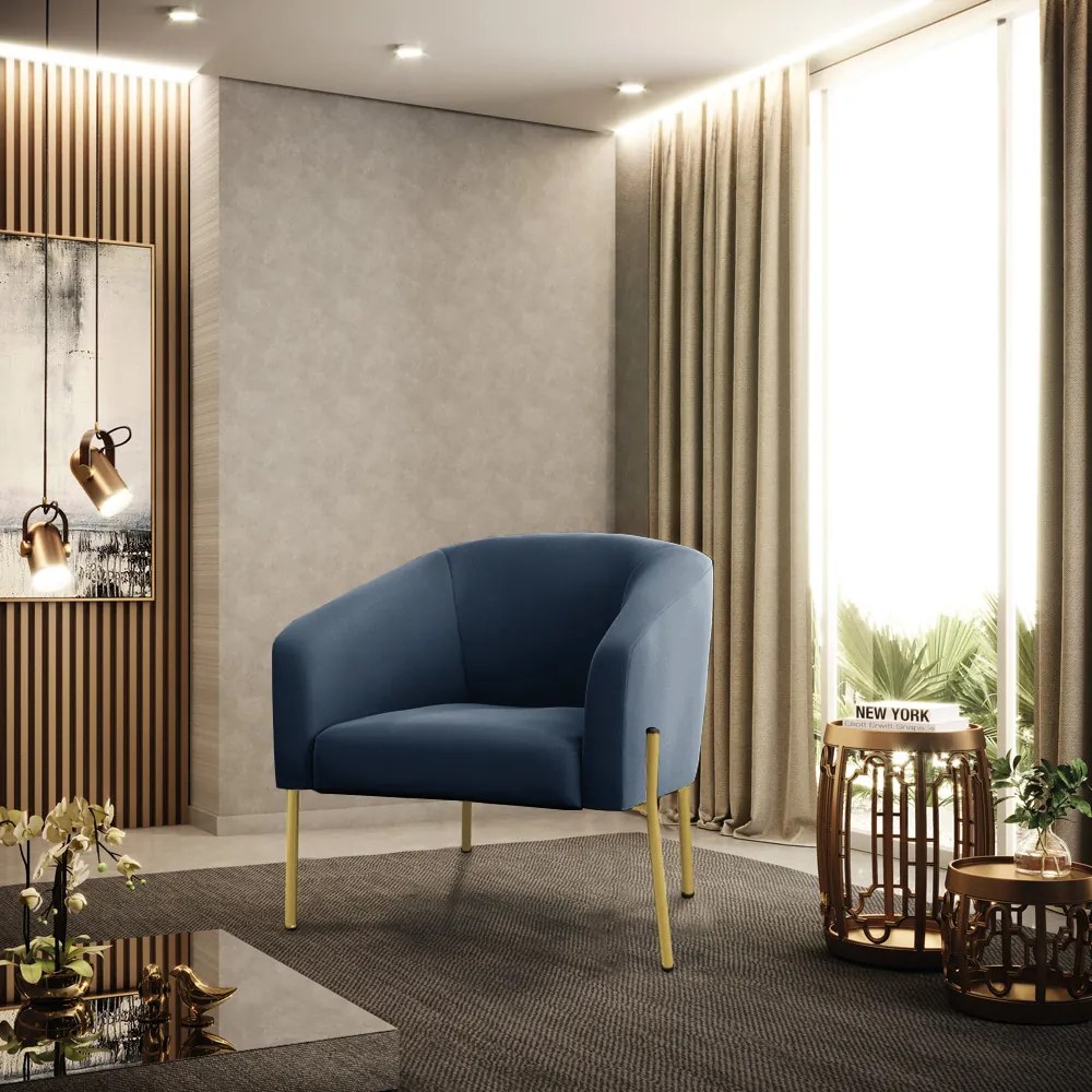 Poltrona Decorativa Pé de Ferro Dourado Stella Suede Azul Marinho D03 - D'Rossi