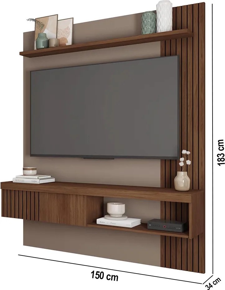 Painel TV 55 Pol 150cm Bancada Suspensa Ripado Luana Fendi/Havana C01 - D'Rossi