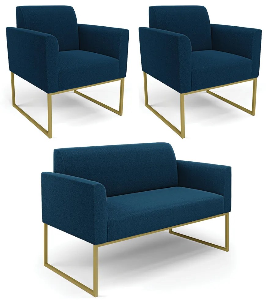 Namoradeira e 2 Poltronas Industrial Dourado Marisa Bouclê D03 - D'Rossi - Azul
