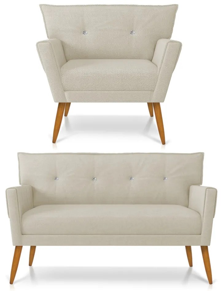 Kit 01 Namoradeira 02 Lugares e 01 Poltrona Anitta com Strass Linho Bege A19 Pés Palito Castanho - DRossi