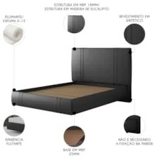 Cama Casal Flutuante Com Cabeceira 140cm Lyra Sintético Preto S05 - Mp