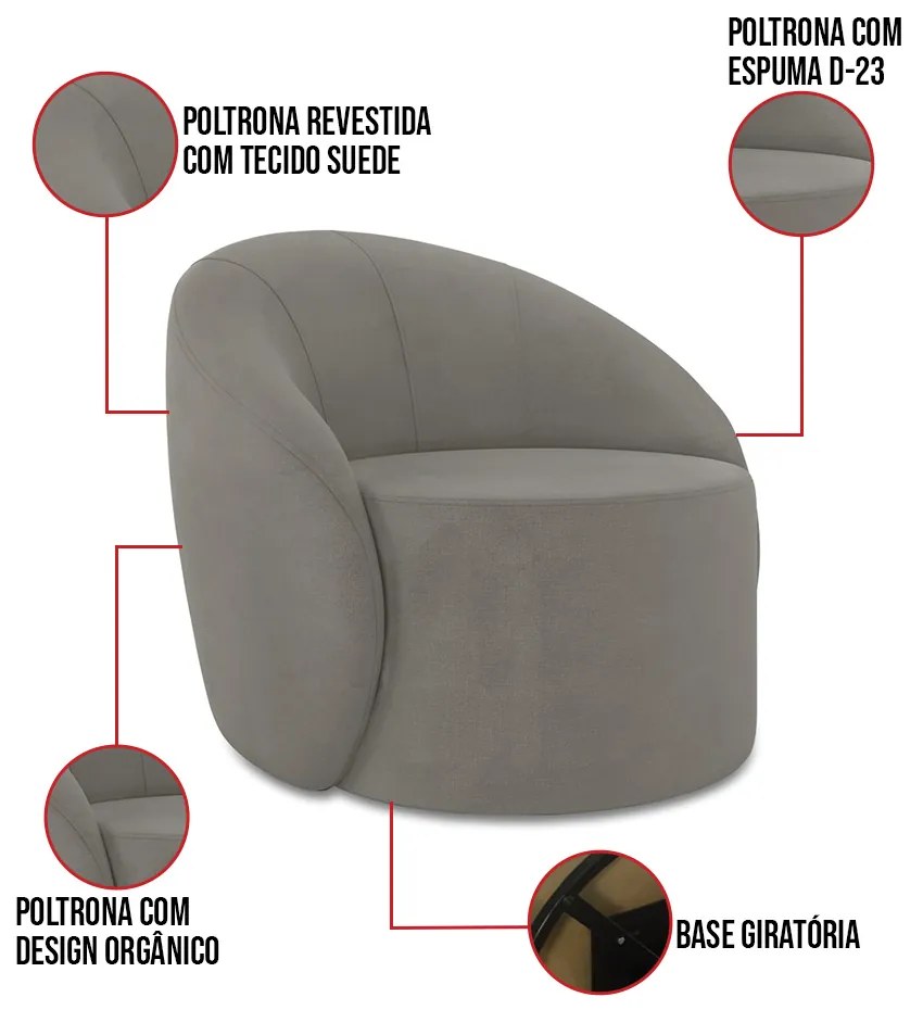 Sofá 3 Lugares Orgânico 180cm Morgan e Poltrona Lua Suede D03 - D'Rossi - Grafite