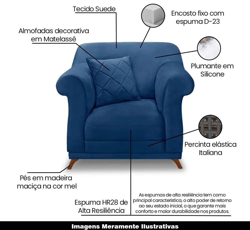 Poltrona Decorativa com 1 Almofada Armstrong Suede Azul Marinho G63 - Gran Belo