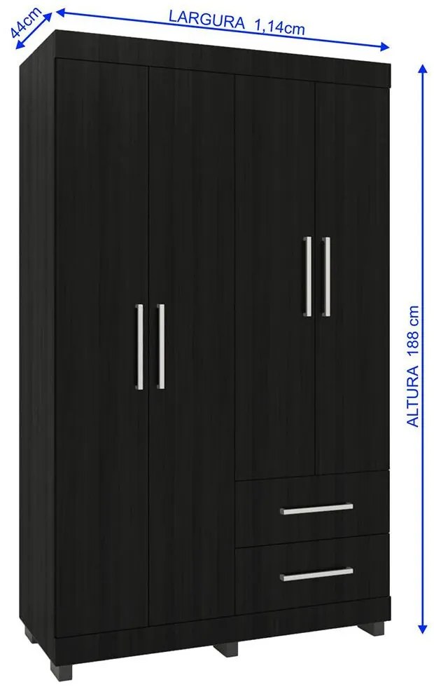 Roupeiro Guarda Roupa 4 Portas Prateleiras 2 Gavetas Preto