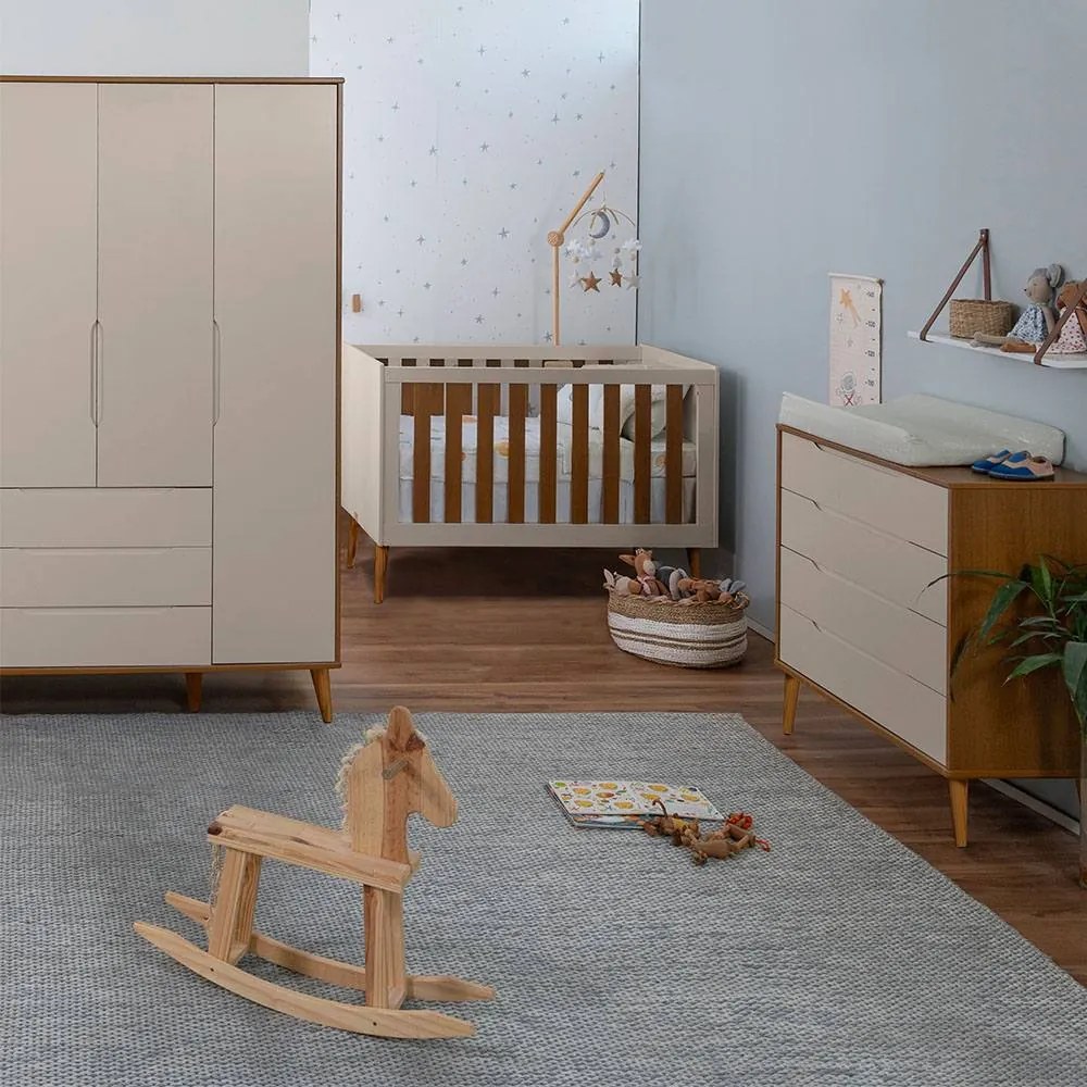 Kit Quarto Infantil com Pés Retrô Mel - Cômoda Elfe 4 Gavetas + Guarda-Roupa Elfe + Berço Mini Cama Noah - Areia Fosco e Savana