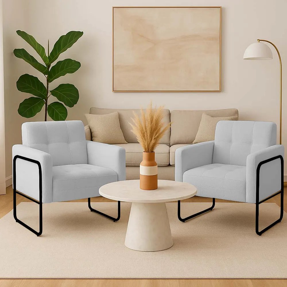 Poltrona Sala Industrial Alta Tubo Preto kit 2 Elisa Bouclê D03 - D'Rossi - Cinza