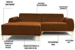 Sofá 350cm 6 Lugares com Chaise Esquerdo Pés Gold Molino C-262 Veludo