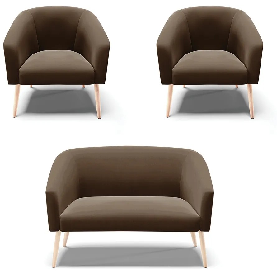 Namoradeira e 2 Poltronas Pé Palito Natural Stella Suede D03 - D'Rossi - Marrom