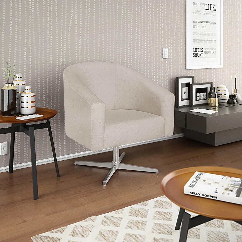 Poltrona Luiza Base Giratória de Metal Linho Bege - ADJ Decor