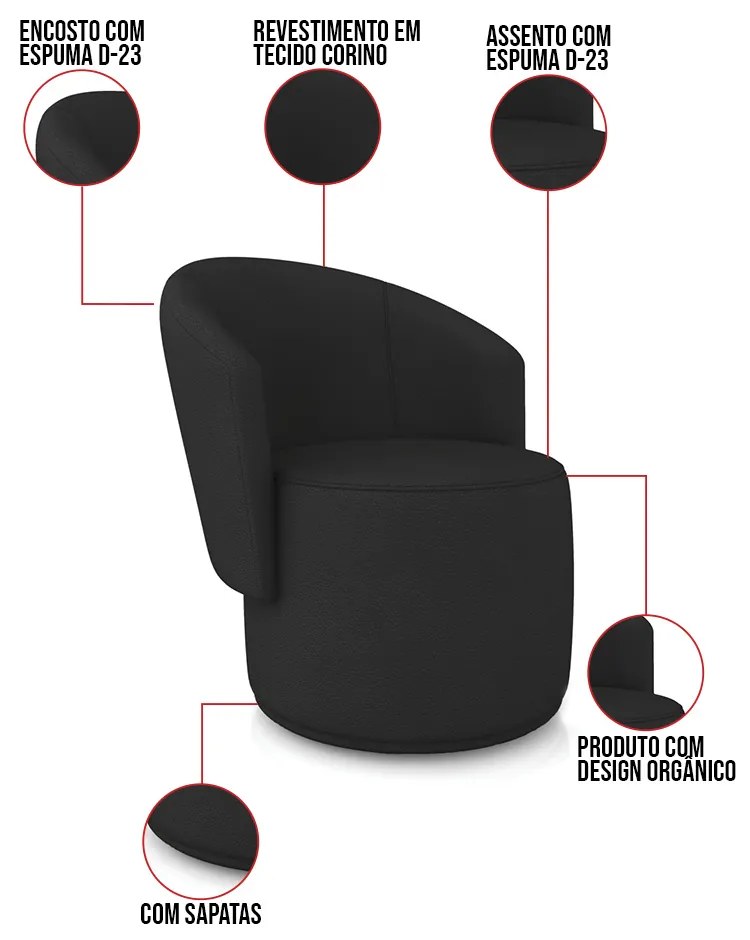 Sofá Namoradeira e 2 Poltronas Orgânica para Sala Malu Sintético M11 - D'Rossi - Preto