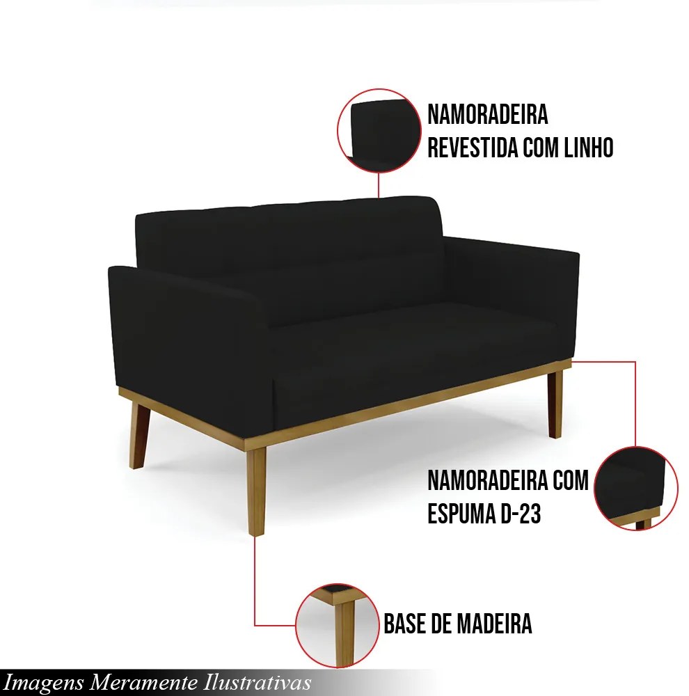 Poltrona Namoradeira Decorativa Karen Pés Fixo em Madeira Castanho Linho Preto G19 - Gran Belo