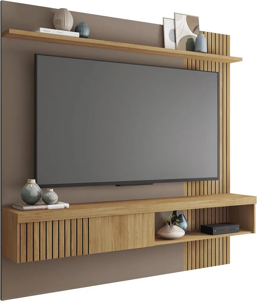 Painel Selina Ripado 180cm para TV até 65 com Porta de Correr e Prateleira MDP Buriti/Fendi G11 - Gran Belo