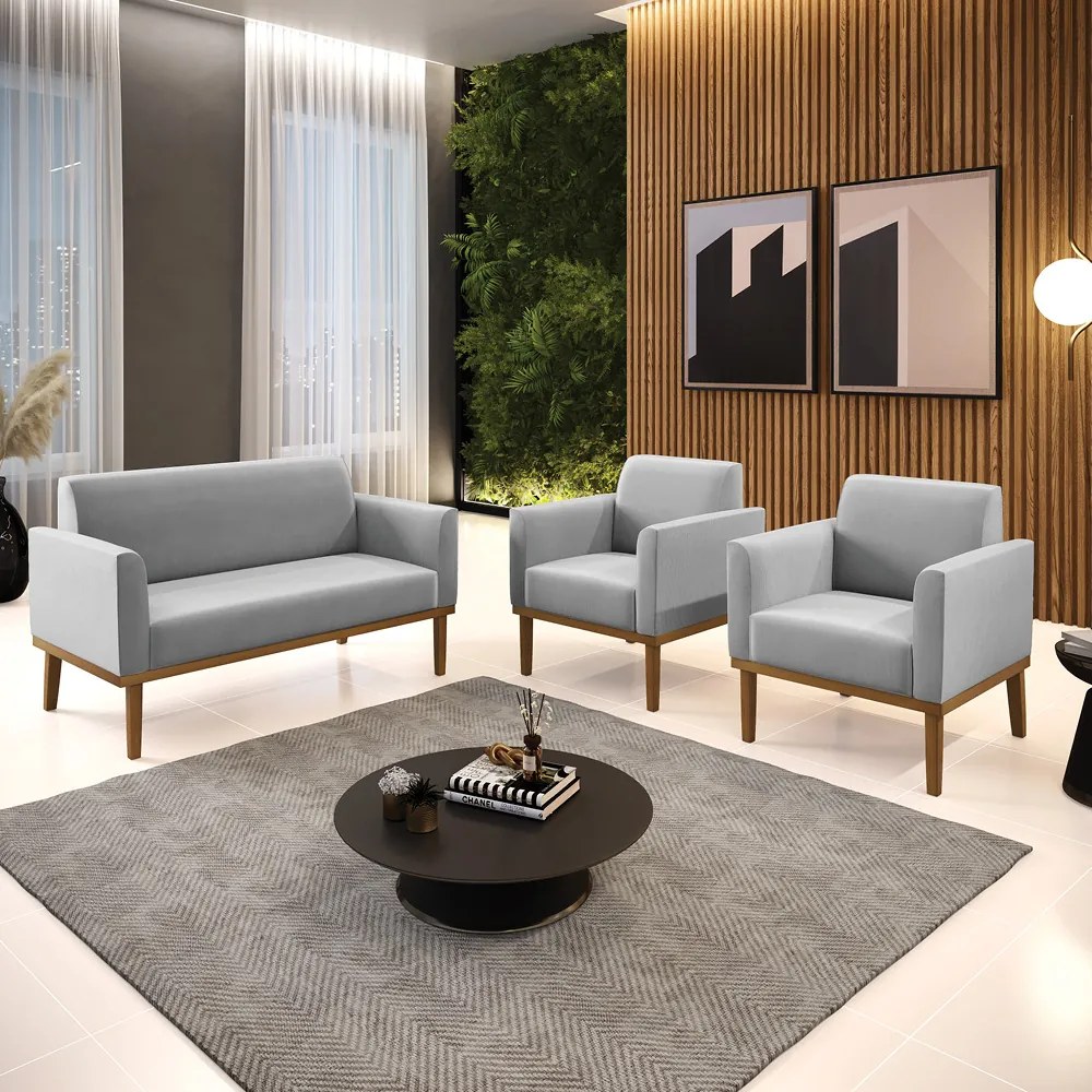 Sofá Namoradeira com 2 Poltronas Base de Madeira Fixa Castanho Marisa Suede - Cinza