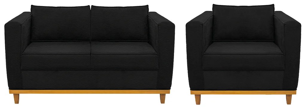 Kit Sofá 2 Lugares e Poltrona Europa Corano Preto ADJ Decor