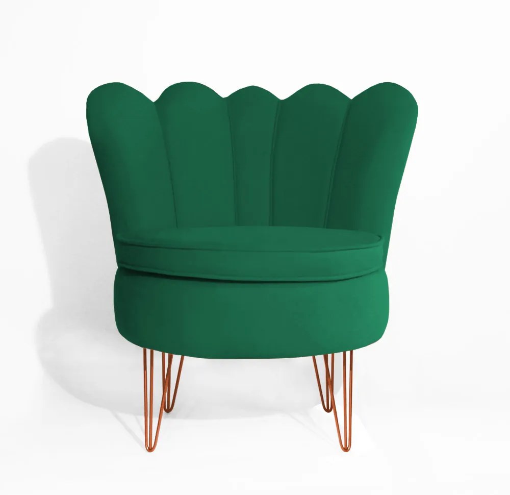 Conjunto 2 Poltrona Dália com 2 Puff Chloe Pés Hairpin Legs Bronze Veludo Verde Bandeira