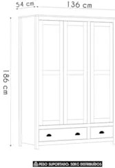 Guarda Roupa Solteiro 136cm 3 Portas Lázio Freijó F07       - Mpozenat