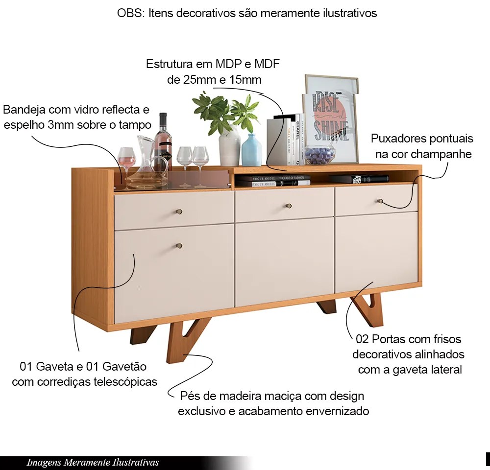 Conjunto Decorativo Cristaleira c/Adega e Buffet Aparador c/Bandeja Lateral Peggy/Noeli Cinamomo/OffWhite G26 - Gran Belo