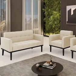 Sofá Namoradeira e 1 Poltrona Base Madeira Preto Ana Suede Bege - Ibiz
