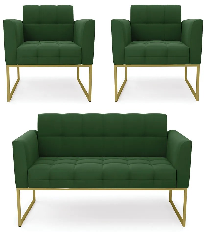 Kit 1 Sofá Namoradeira e 2 Poltronas Elisa Suede Verde Base Metálica Industrial Dourado - D'Rossi