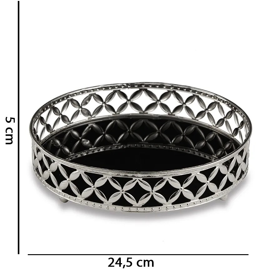 Bandeja Decorativa Redonda Em Metal Prata Com Espelho Preto 5x24,5 Cm - D'Rossi
