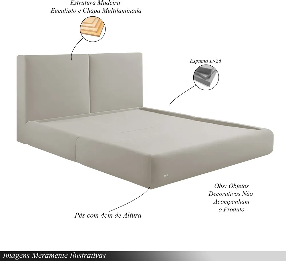 Cama com Cabeceira Elva King Base no Chão Veludo Luxo Off White G92 - Gran Belo