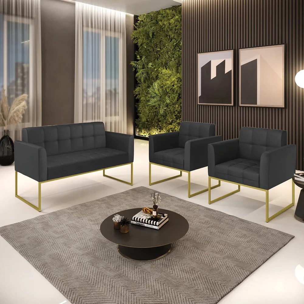 Kit 1 Sofá Namoradeira e 2 Poltronas Elisa Corino Preto Base Metálica Industrial Dourado - D'Rossi