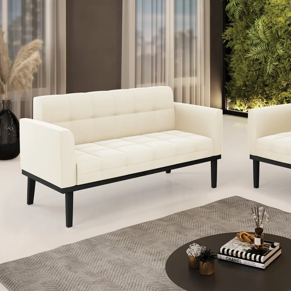 Poltrona Namoradeira Decorativa Karen Pés Fixo em Madeira Preto Veludo Bege G19 - Gran Belo