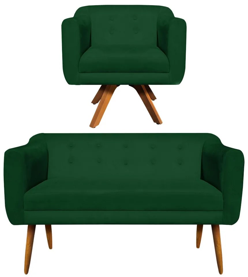 Kit 01 Namoradeira 02 Lugares e 01 Poltrona Giratória Julia Suede Verde Base Madeira MM30 D'Rossi
