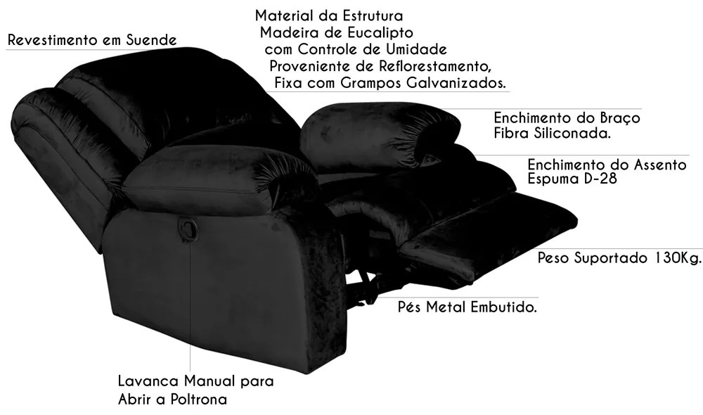 Poltrona do Papai Reclinável Manual Magnum Veludo Preto G23 - Gran Belo