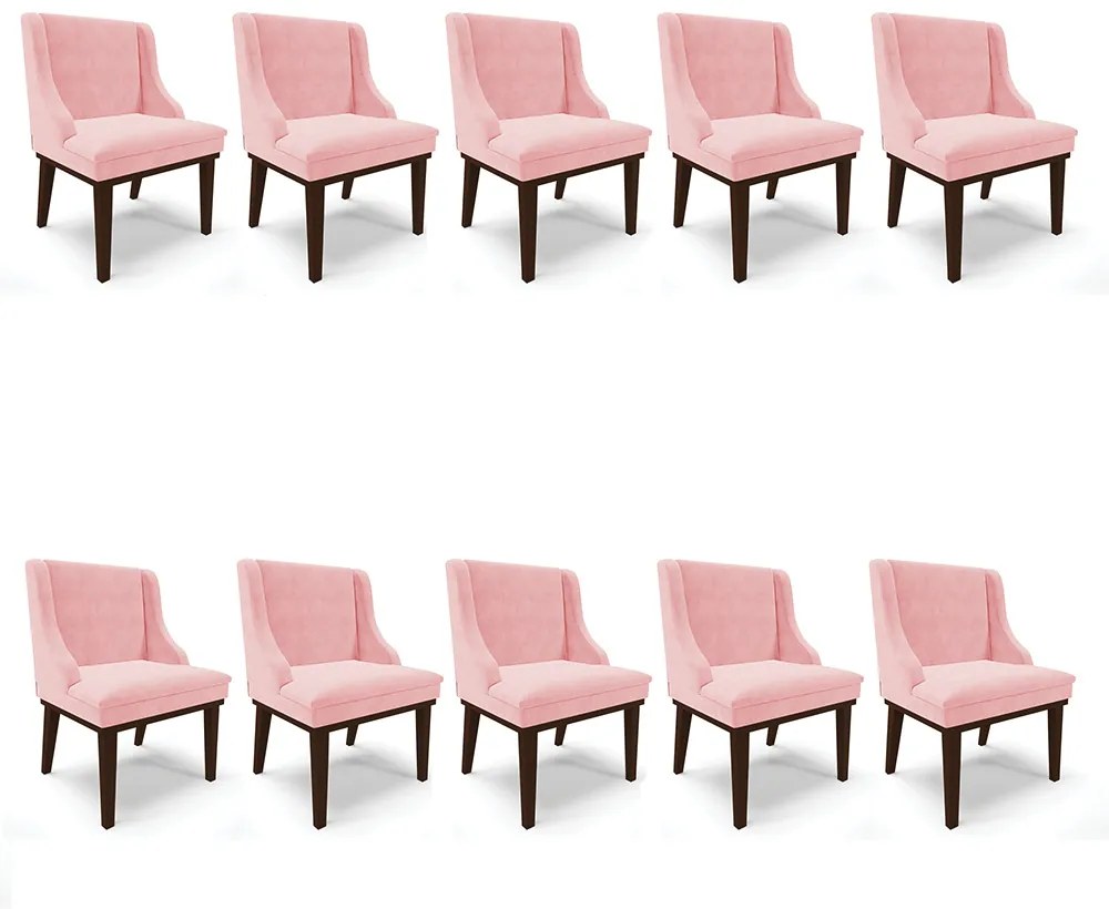 Kit 10 Cadeiras de Jantar Liz Suede Rosa Bebê Base Fixa Madeira Tabaco D03 - D'Rossi