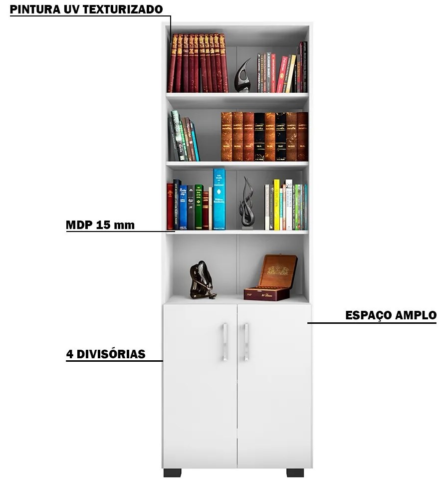 Estante de Livros para Escritório Home Office Portas Pequenas Alf Branco Texturizado G47 - Gran Belo