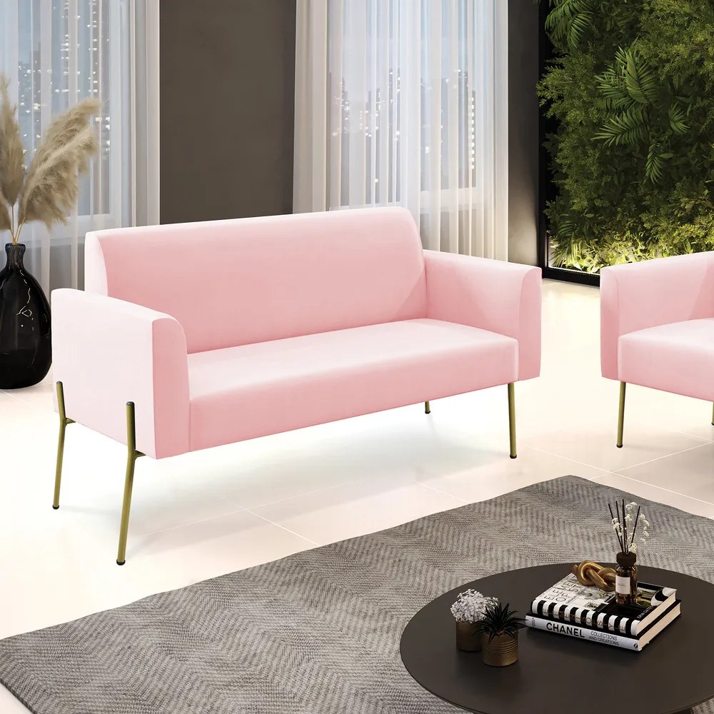 Sofá Namoradeira 2 Lugares Pé de Ferro Dourado Marisa Suede D03 - D'Rossi - Rosa Bebê