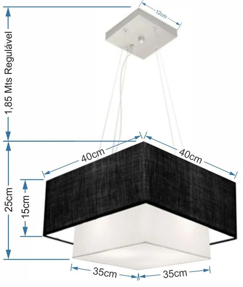 Lustre Pendente Duplo Quadrado Vivare Md-4157 Cúpula em Tecido 40x35cm Preto / Branco - Bivolt