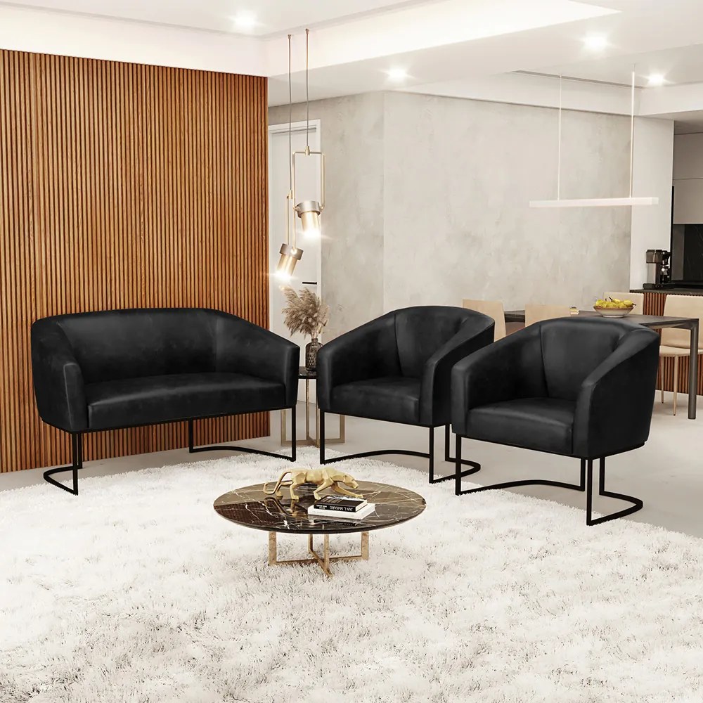 Namoradeira e 2 Poltronas Industrial  Preto Stella Sintético PU D03 - D'Rossi - Preto