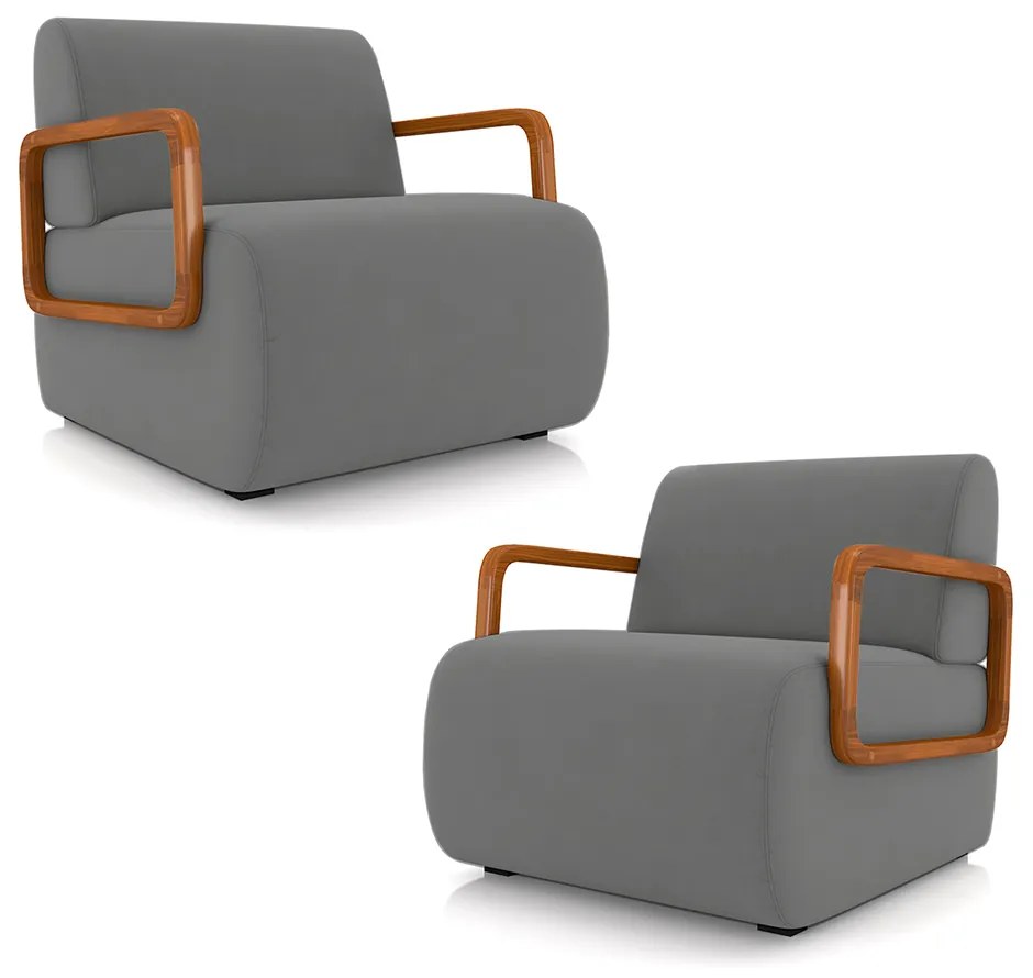 Kit 2 Poltronas Decorativa Sala de Estar Odessa Braços em Madeira Veludo Cinza G33 - Gran Belo